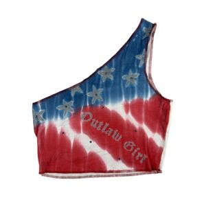 Vintage Outlaw Shirt Womens Medium Tie Dye One Shoulder Crop USA‎ Y2K Grunge